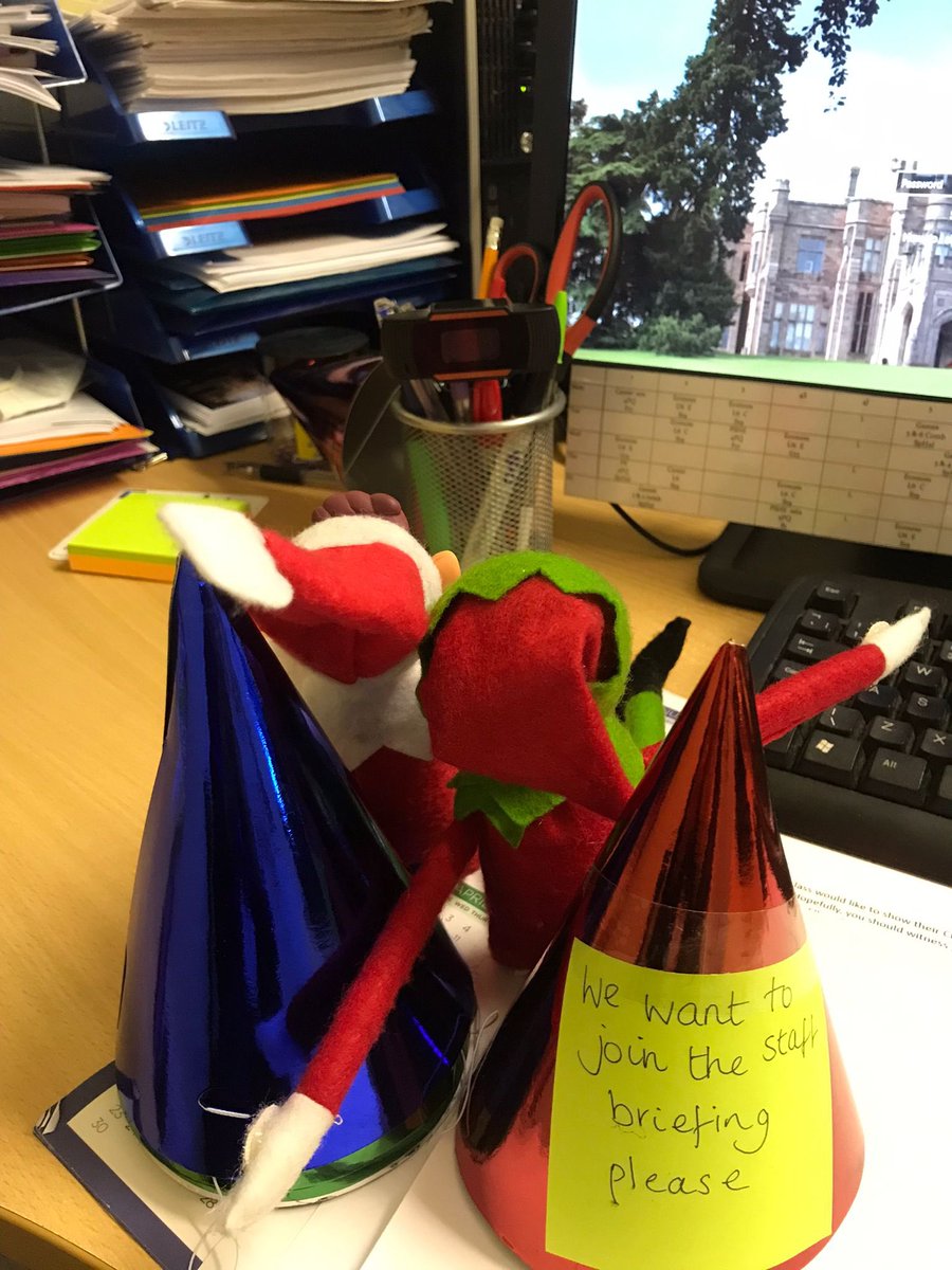 LongridgeTowers's tweet photo. Those naughty #elves wanted to join the staff briefing this morning. They were causing havoc all over school today. #smile #fun #elfmischief https://t.co/WzBXR5FoDC
