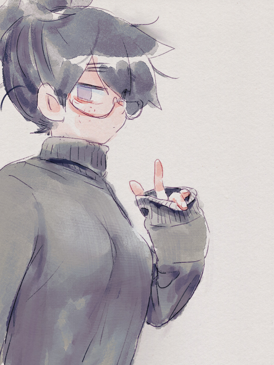 1girl solo glasses black hair sweater ponytail looking at viewer  illustration images