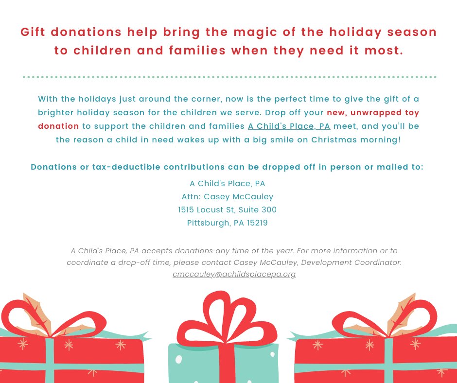 Give the gift of joy -- donate a toy! 🎁 

It's not too late to brighten the holiday season for the children we serve at A Child's Place, PA. And thank you to all of our generous supporters for helping us deliver hope and help this holiday season!