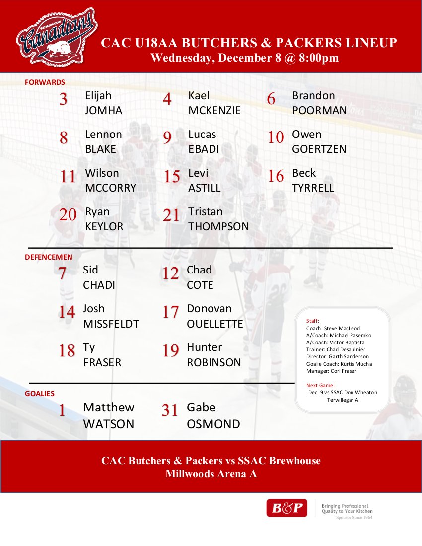 GAME DAY! Butchers &amp; Packers against SSAC Brewhouse at Millwoods Arena A. Join us for an 8pm game start! #cachockey #goodhockey #letsdothis 
<a href="/cac_hockey/">CanadianAthleticClub</a>