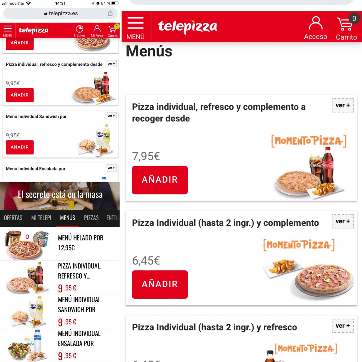 ArmicheAJ's tweet photo. @telepizza_es Acabo de ver esto, y la verdad no entiendo nada ¿me lo podéis explicar? A la izquierda es desde mi cuenta tanto por la web como por la app, y a la derecha desde la web sin acceder. ¿Por qué los precios son diferentes? ¿Por qué es más caro para un usuario registrado? https://t.co/OS8BfaoABI
