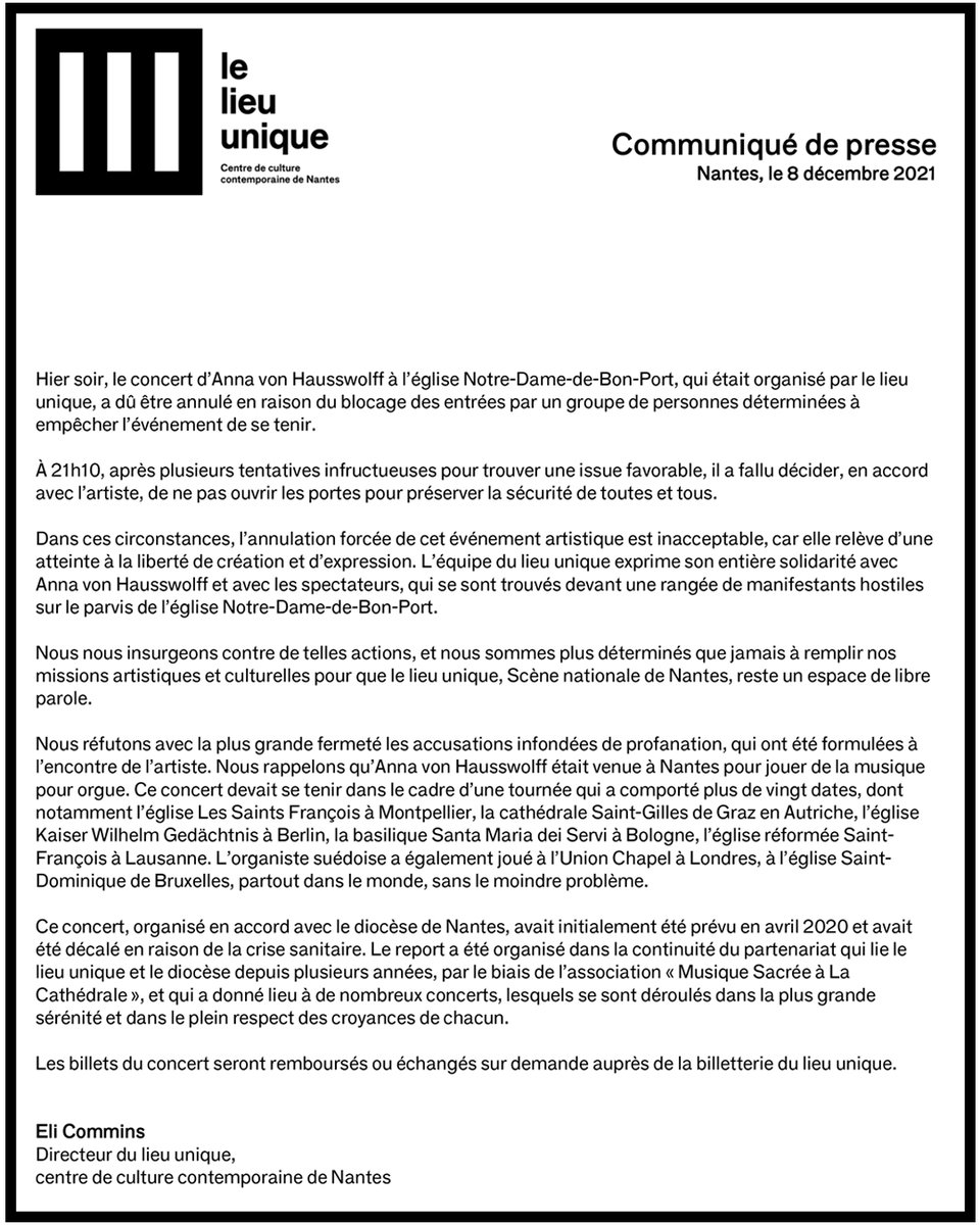 Hier soir, le concert d’Anna von Hausswolff à l’église Notre-Dame-de-Bon-Port a dû être annulé en raison du blocage des entrées par des personnes déterminées à empêcher la tenue de l’événement. Ci-après le communiqué officiel diffusé auprès de la presse et des institutions