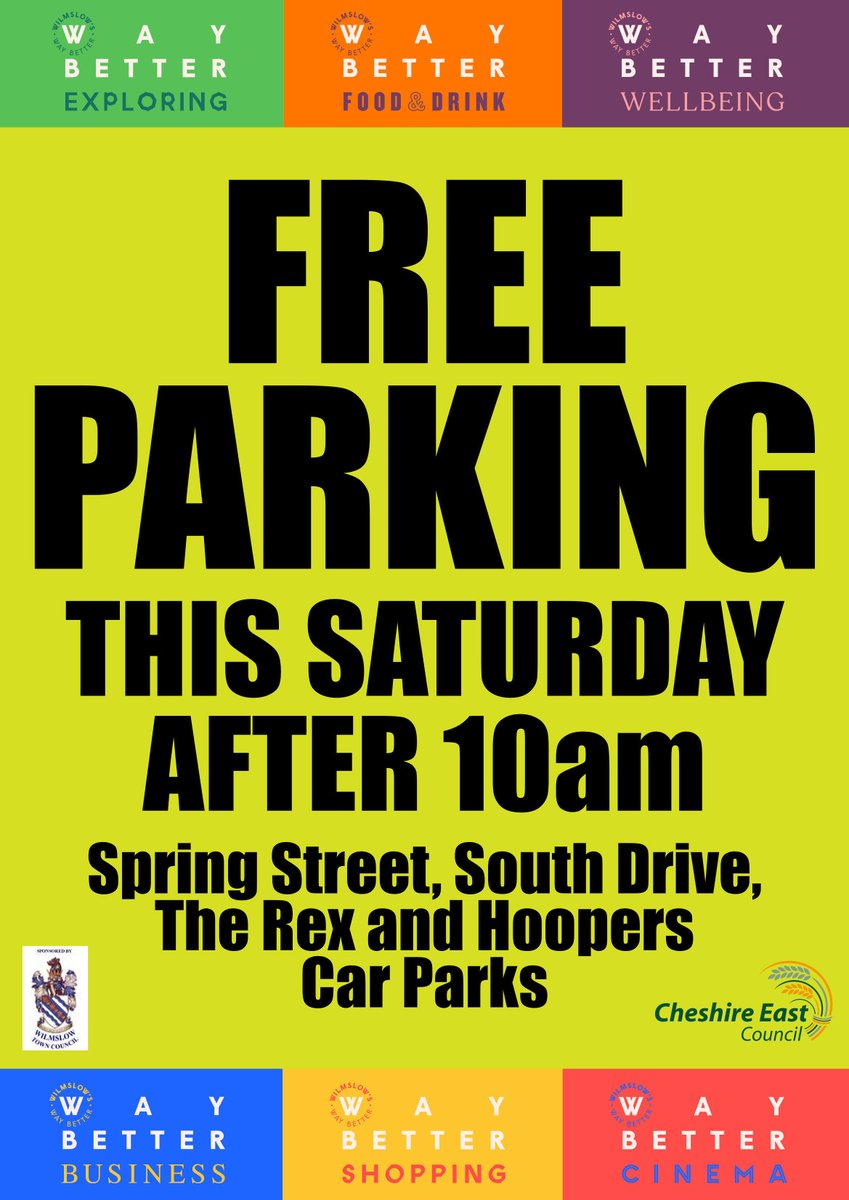 There will be free parking from 10am this Saturday (11th December) in the Rex, Hoopers, Spring Street and Hoopers Car parks.
🚗🎁🛍☕🍴

#Wilmslow
#SupportYourHighStreet
#SupportLocalBusiness
#ShopLocal 
<a href="/WilmslowsWB/">Wilmslow's Way Better</a>
