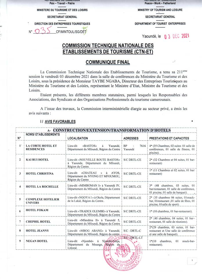 MintourCm's tweet photo. Communiqué Final de la 211 e session de la Commission Technique Nationale des Entreprises Touristiques(CTNET) tenue sous la présidence de M. NDIORO À MAMOUN, Secrétaire Général du Ministère du tourisme et des loisirs, représentant du Ministre d'État. https://t.co/voNavCFK4N