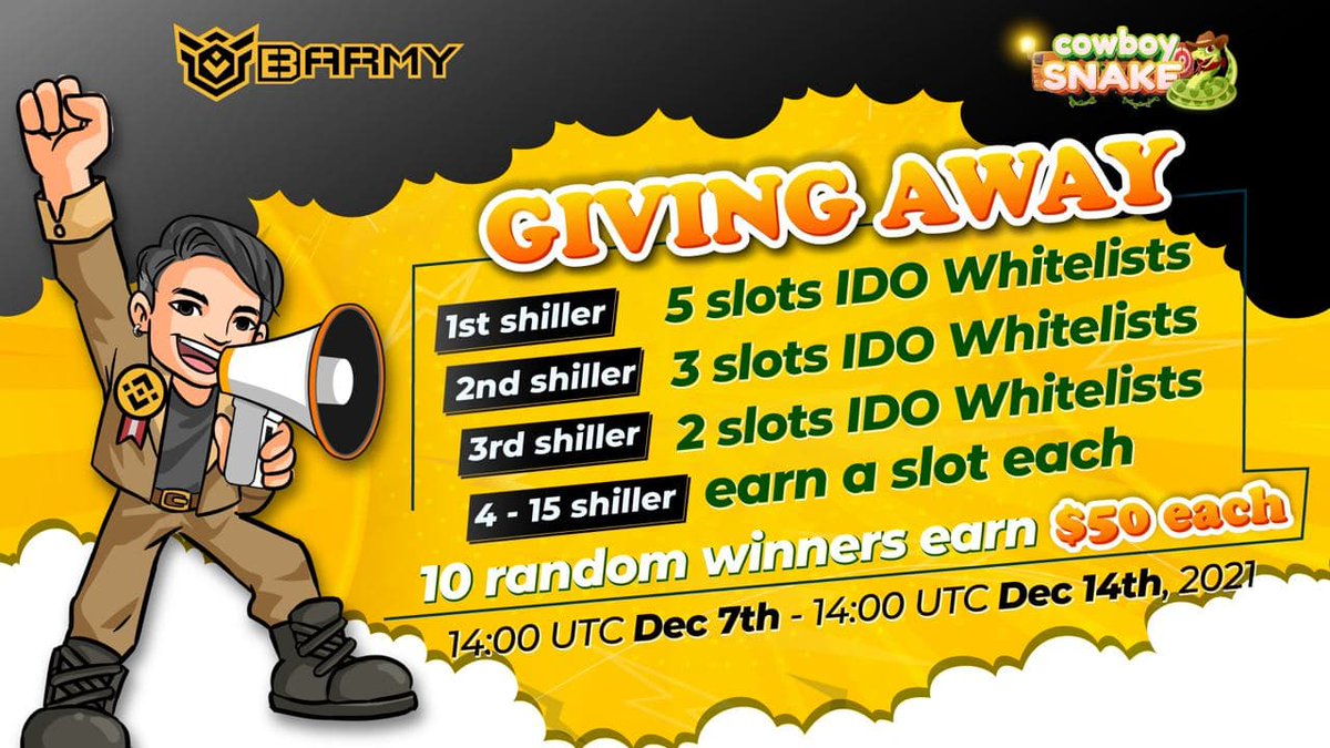 CowboySnake (@cowboysnake) on Twitter photo 🎉GIVING AWAY for IDO Whitelists slots of <a href="/CowboySnake/">CowboySnake</a> is waiting for 10 random winners.
💰🎁
Watch here for more details about #CowboySnake IDO event:
t.me/cowboysnakeNFT…
‼️ DO NOT be missed this amazing event 🤩🤩🤩
#PlayToEarn #GameFi #COWS #NFTGame #IDO #Whitelist 🎉GIVING AWAY for IDO Whitelists slots of <a href="/CowboySnake/">CowboySnake</a> is waiting for 10 random winners.
💰🎁
Watch here for more details about #CowboySnake IDO event:
t.me/cowboysnakeNFT…
‼️ DO NOT be missed this amazing event 🤩🤩🤩
#PlayToEarn #GameFi #COWS #NFTGame #IDO #Whitelist