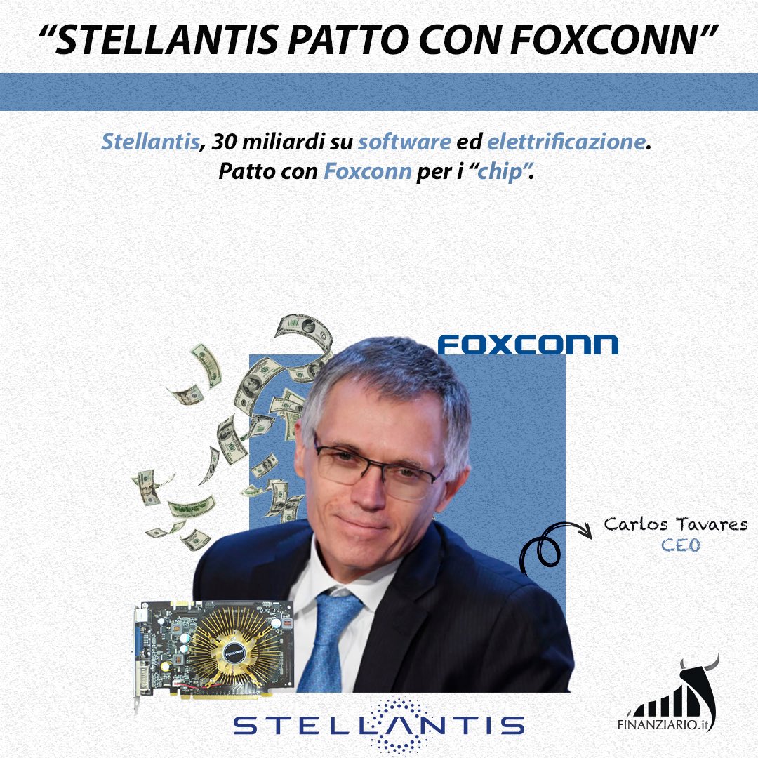 Finanziarioit's tweet photo. Stellantis patto con Foxconn
⏳
Stellantis, 30 miliardi su software ed elettrificazione. Patto con Foxconn per i chip.
#stellantis #chip #Tecnologia https://t.co/KeZ9lFEOs0
