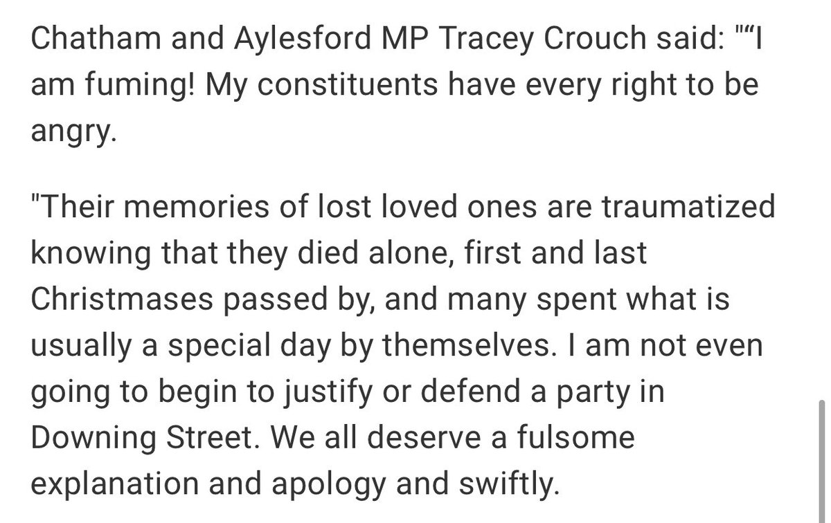 Now <a href="/tracey_crouch/">Dame Tracey Crouch</a> has become the second Kent Tory MP - after <a href="/SirRogerGale/">Sir Roger Gale</a> - to publicly react to the Downing Street party. My money would have been on those two being first to speak out - 14 to go. Full story on <a href="/Kent_Online/">KentOnline</a>