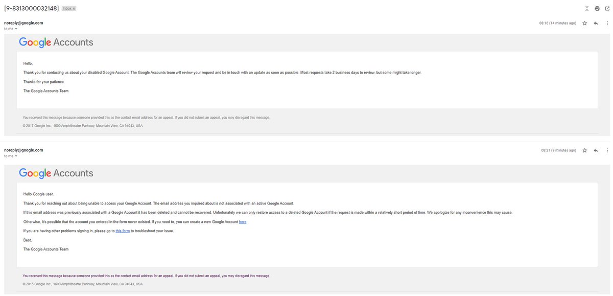 Ok <a href="/TeamYouTube/">TeamYouTube</a>, It's been 10 days since my initial appeal 6-0313000031905 &amp; 3 days since my second appeal 9-8313000032148, &amp; I still have no idea what is going on with my account or why it was deleted without warning.

Both appeals have had the same response seen below!