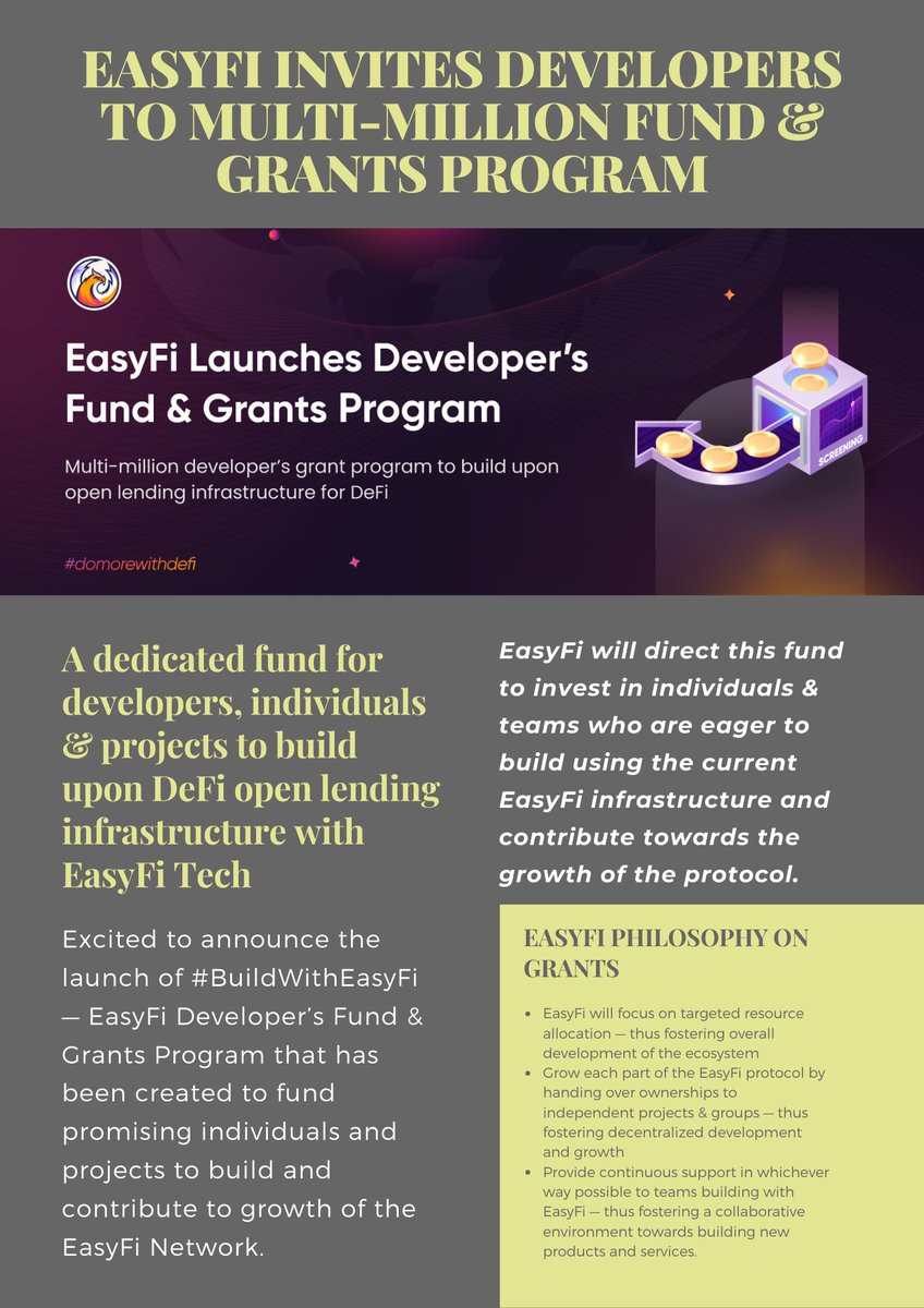 crypto_drug's tweet photo. ✨EasyFi Developer’s Fund & Grants Program ✨
Thrilled to announce the launch of #EasyFi Developer’s Fund & Grants Program to fund promising people & projects to build & contribute to the growth of .@EasyfiNetwork
More here: https://t.co/aiv10i37kL
#BuildWithEasyFi https://t.co/DmKCM4HyQP