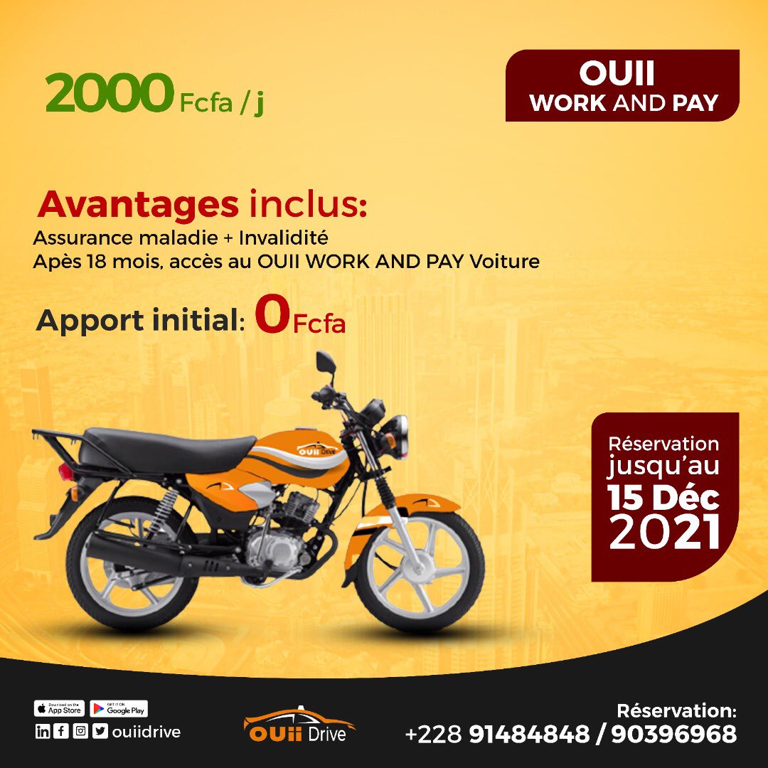 ouiidrive's tweet photo. 📢OFFRE EXCEPTIONNELLE !!!

OUIIDRIVE met à votre disposition son nouveau produit :#Oui_Work_And_Pay
Devenez propriétaire de votre moto 🏍️avec juste 2000f/j, de lundi à Samedi et en 18 mois seulement 😀!

Réservation :
91484848 / 90396968 https://t.co/7Pg6u5DuV9
