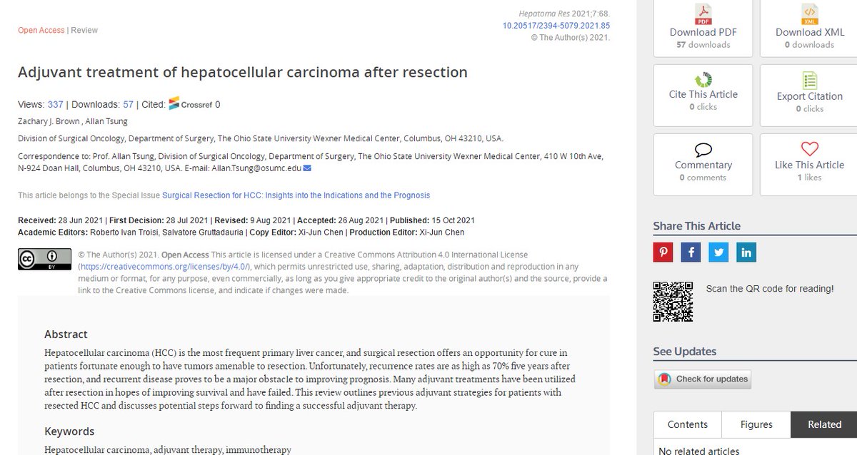 HepatomaRes's tweet photo. Dr. Zachary J. Brown and Dr. Allan Tsung outlined previous #adjuvant #strategies for patients with #resected #HCC and discussed potential steps forward to finding a successful #adjuvant #therapy in "Adjuvant treatment of hepatocellular carcinoma after #resection". @allantsung https://t.co/xTC6rRxhHy