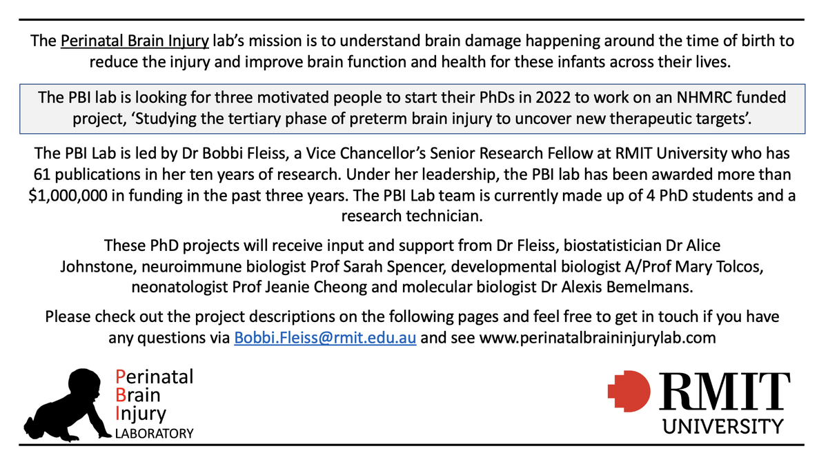 BobbiFleiss's tweet photo. Want to do a PhD studying how glia contribute to brain injury in preterm born infants ⁉️⁉️⁉️ 

Well, this is the 🧵 for you

My lab has three PhD positions starting in 2022 on a NHMRC funded project also involving @SJSpencerLab and @mtolcos @ResearchRMIT @NeurodevHD 

Please RT🙏 https://t.co/RtG6W36N9H