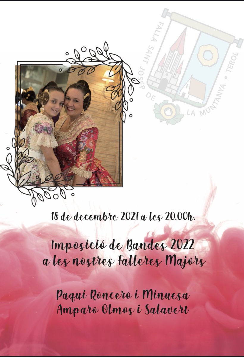 SjmtFalla's tweet photo. Encara que tot seguix sent distint, les falles volem que la festa no decaiga i complint sempre en totes les normes sanitaries , enguany celebrarém l'IMPOSICION DE BANDES a nostres FFMM , PAQUI RONCER MINUESA i AMPARO OLMOS SALAVERT acompanyades dels seus presidents TERE i PABLO. https://t.co/vy8Nbd31QJ