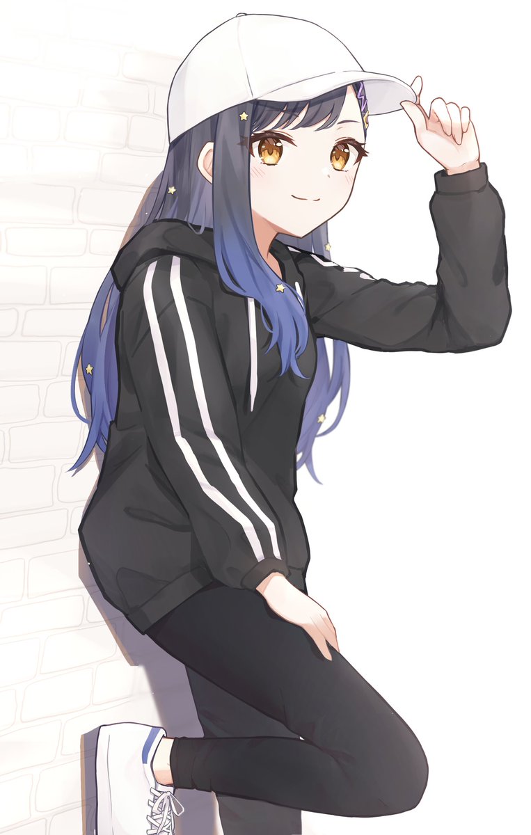 1girl hat solo baseball cap hood blue hair long hair  illustration images