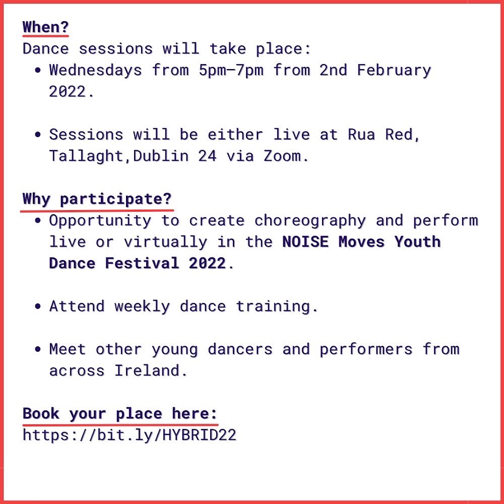 <a href="/noisemoves/">NOISE Moves 2022</a> &amp; <a href="/TCArts24/">TCA - South Dublin Participatory Arts</a> is delighted to announce an exciting opportunity for young dancers.

With Choreographer <a href="/OlwynLyons/">Olwyn Lyons</a> and Visual Artist John Conway.

Book: bit.ly/HYBRID22

<a href="/SDCCArts/">SDCC Arts Office</a> <a href="/artscouncil_ie/">The Arts Council / An Chomhairle Ealaíon</a> <a href="/DanceIreland/">Dance Ireland</a> <a href="/creativeirl/">Creative Ireland</a> <a href="/RuaRed/">Rua Red</a> <a href="/civictheatre/">The Civic</a> <a href="/DanceWorldIRL/">Dance World</a>