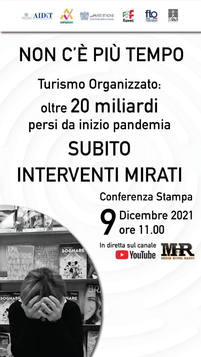 IVIAGGIDITITTI's tweet photo. -1 
#noncepiutempo 
🔴 In 2 anni di pandemia il turismo organizzato ha perso oltre 20 miliardi di euro.
Domani le Associazioni di categoria si incontrano in una conferenza stampa congiunta Aiuti #subito.
🎙 Diretta Streaming al link: https://t.co/wfREC0VuGR https://t.co/TjEHIIIn4n