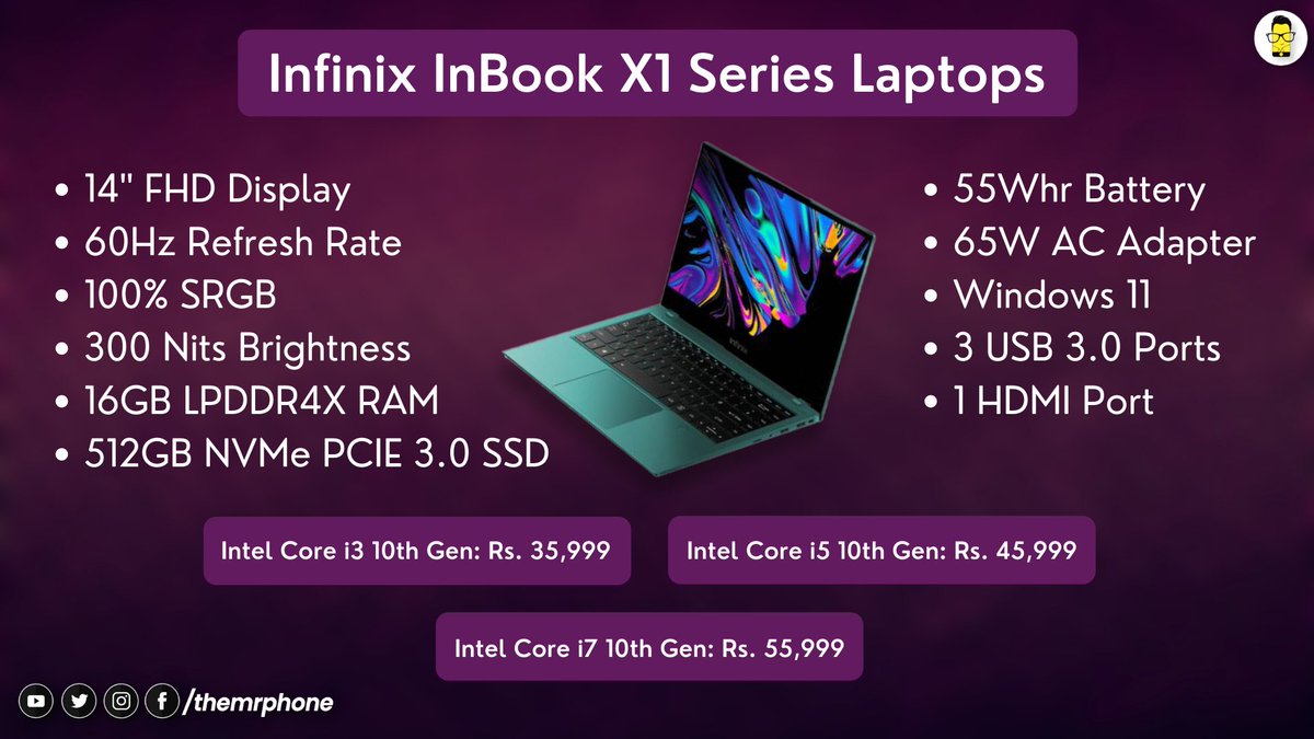 TheMrPhone's tweet photo. Infinix INBook X1 series with 10th Gen Intel Core i3 / i5 / i7 processors launched in India at a starting price of Rs. 35,999. The laptops will go on sale starting December 15th on Flipkart.
#Infinix #ItsTheINThing #INBookX1
@InfinixIndia https://t.co/mrSeRtTuKw
