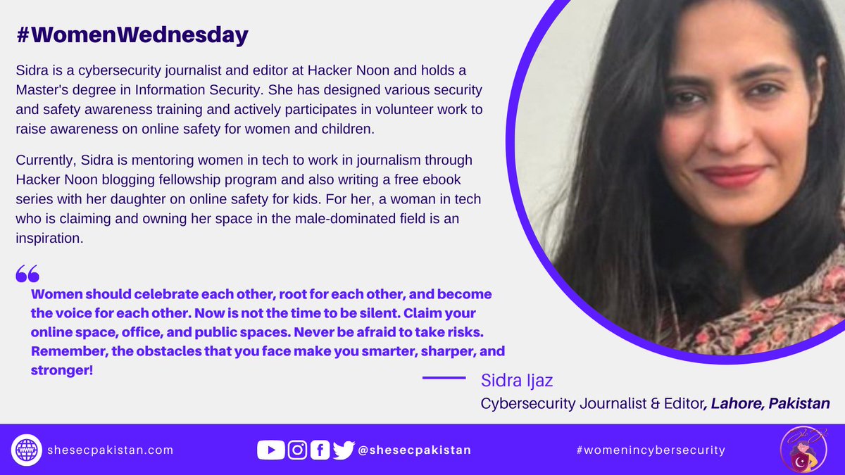 shesecpakistan's tweet photo. On today's #womenwednesday, Meet @SidraIjazHashmi, a cybersecurity journalist from Pakistan
#womenincybersec #cyberwomen #shesec #womeninsecurity #wicys #CyberSecurity #infosec #journalism https://t.co/uX6woO5tqp