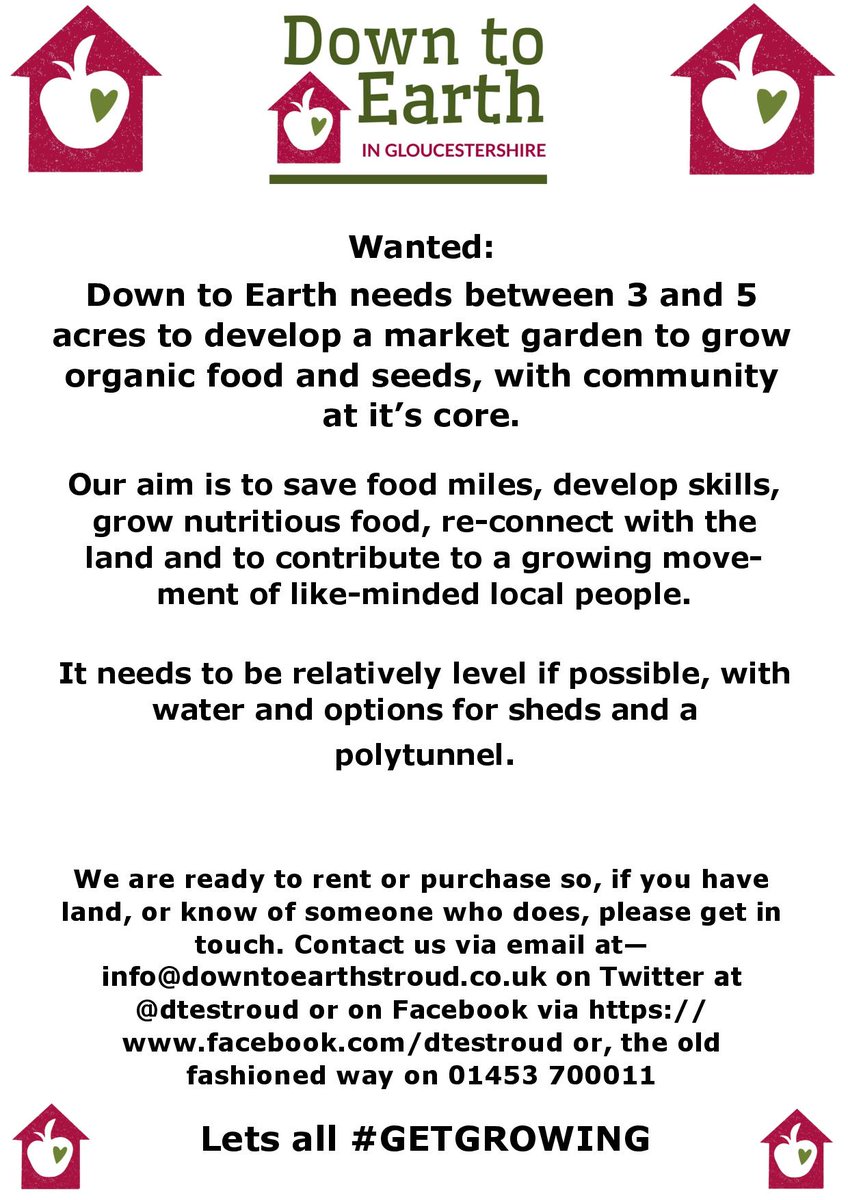 Do you have any space available to buy or rent - land up to 5 acres? Flat ish and with potential for growing? We are looking to start a community growing scheme and need a space to get Down to Earth. Get in touch if you can help. THX! #GetGrowing