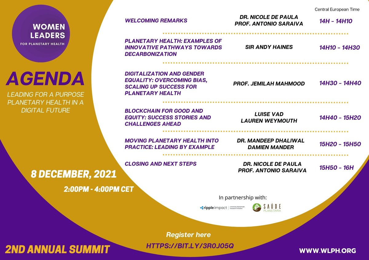We are thrilled to host our 2nd Annual Summit today!
'Leading for a purpose: #Planetaryhealth in a #Digital Future".
Here is the agenda. 📢✅

<a href="/nicoledepaula/">Dr. Nicole de Paula</a> <a href="/LSHTM_Planet/">Centre on Climate Change & Planetary Health, LSHTM</a> <a href="/JemilahMahmood/">Dr Jemilah Mahmood</a> <a href="/Ripple/">Ripple</a> @PRP_USP <a href="/DamienMander/">Damien Mander</a> <a href="/Mandeep_Dh/">Mandeep Dhaliwal</a> <a href="/UNDP/">UN Development</a> <a href="/saude_clube/">Clube de Saúde Planetária BR</a>