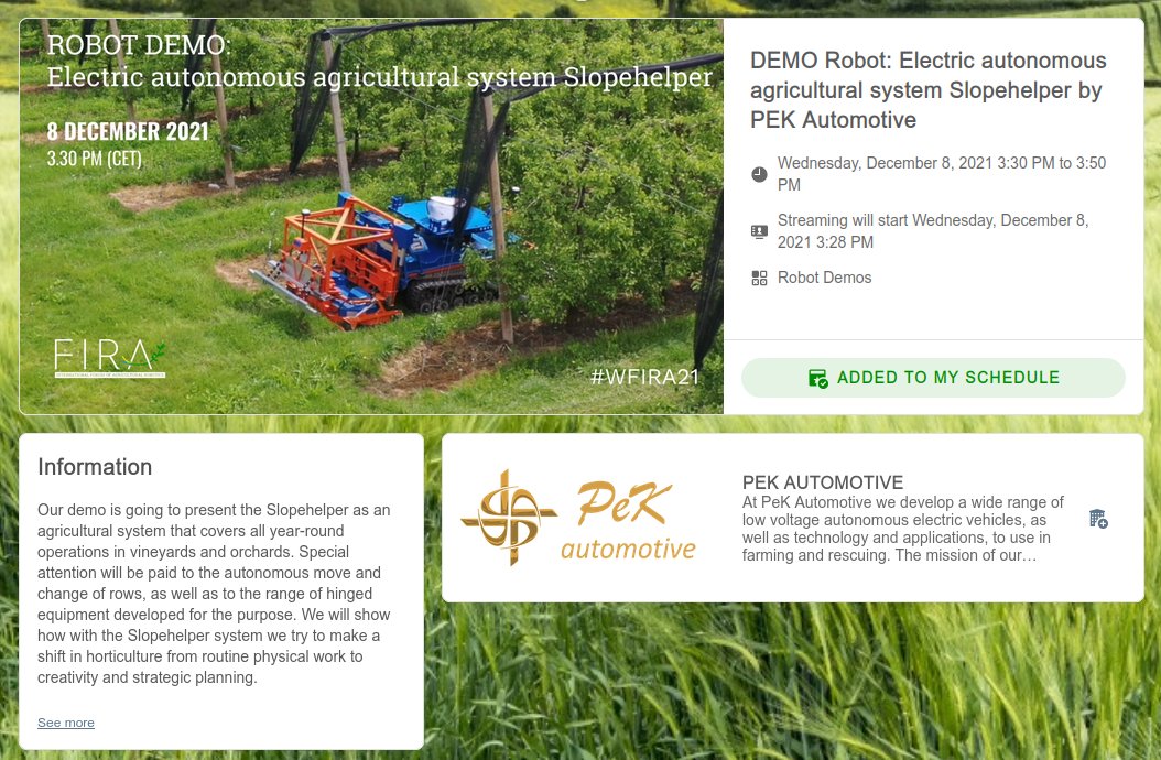 TODAY AT 15:30 we will welcome attendees of @FIRA_team - World Ag Robotics Forum at our online demo video presentation. Join the platform and enjoy the video and live chat.

#autonomousrobots #agtech #robotics #agribot #automotive