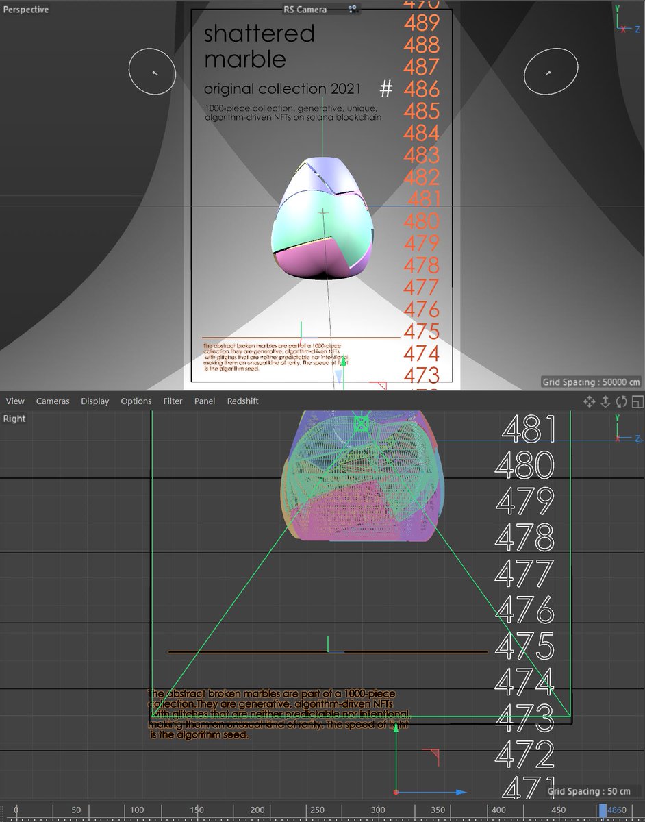 Some BTS material of the poster design. Posters are coming straight out of the renderer. No photoshop involved. The numbers are animated to line up at the specific # for every marble. The flat mesh texture was designed to accommodate the overall unobtrusive blueprint-like look.
