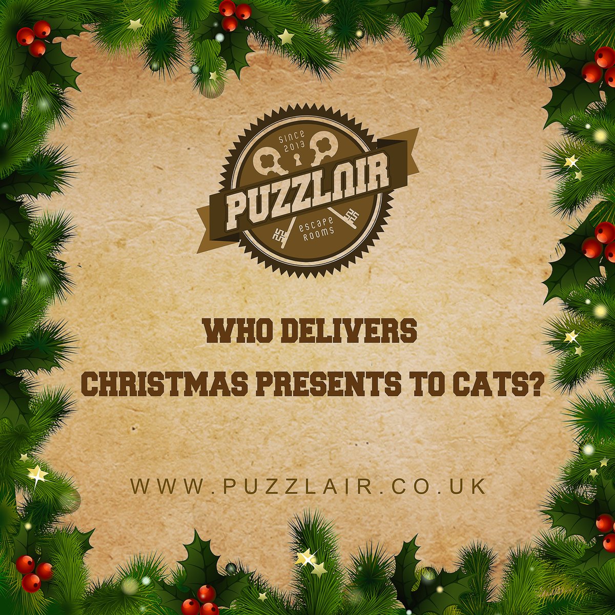 They love tearing down the tree and unwrapping presents early, can YOU solve this festive riddle about our favourite furry feline friends? 🐱🎄

Warm up with a brain teaser and hop on into one of our escape rooms this Christmas!

Book now at: puzzlair.co.uk/escape-room-br…