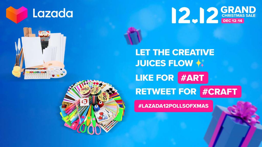 LazadaPH's tweet photo. Let the creative juices flow! ✨ Hit LIKE kung mahilig ka sa #Art or RT if #Craft ang pastime mo -- don’t forget to put #Lazada12PollsofXmas!
#LazadaPH1212
#Lazada1212GrandChristmasSale
#NamamaskoSaLazada #LazadaPH https://t.co/RWehRxBvpg