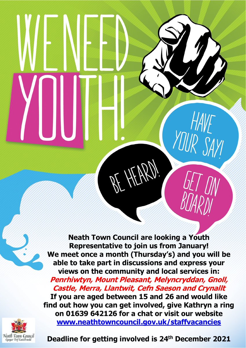 NeathTCouncil's tweet photo. We're looking for Youth Representatives!
#YouthRepresentative #Neath #NeathTogether #NeathTownCouncil https://t.co/1zAto4Zwmt