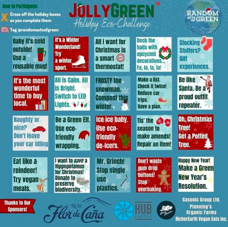 PerformGreen's tweet photo. Global waste levels increase by 25-30% over the holiday season. Participate in the #randomactsofgreen challenge and reduce your footprint! Cross off as many holiday boxes as possible throughout the month.#lowwastechristmas #reducefoodwaste #carbonfootprint https://t.co/k4jMVMc4ox
