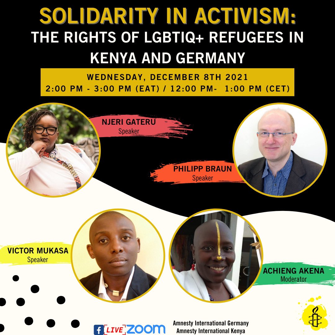 Are you logged on? Our conversation on the rights of LGBTIQ+ refugees in Kenya and Germany with <a href="/amnesty_de/">Amnesty Deutschland</a>, <a href="/njerigateru/">Ancient of Gays</a>, <a href="/vicmukasa/">Victor J. Mukasa</a>, and Philipp Braun starts now! Join the conversation using the links below! 
Zoom: bit.ly/3rHxXKh
FB:fb.watch/9MiPd6Qqw5/