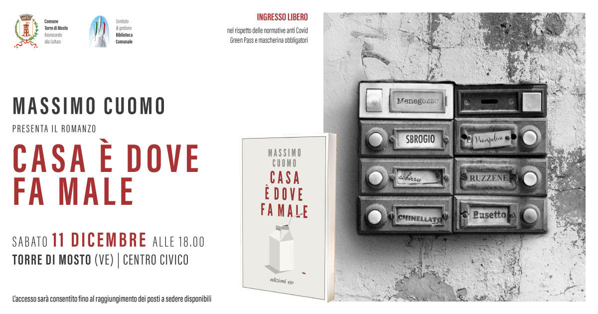 In occasione della Mostra del Libro, sabato 11 dicembre alle 18 in Centro Civico, racconterò di "Casa è Dove fa Male" insieme a Laura Presotto. Grazie alla Biblioteca Comunale di Torre di Mosto (VE) per l'invito.