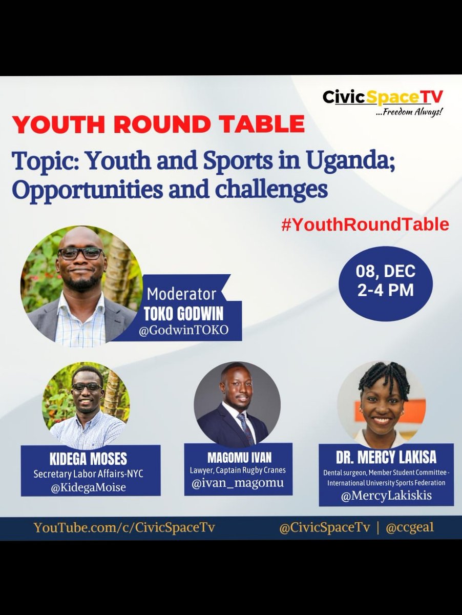 Happening now @CivicSpaceTV  is #RouthRoundTable with distinguished panelist  discussing 
Youth and Sports in Uganda; Opportunities and challenges.
Catch the discussion via:
youtu.be/b4Lb_uyP7cs
#CivicSpaceTv
@ccgea1