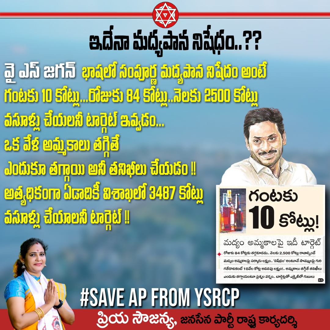 priyaasowjanya's tweet photo. #ysjagan భాషలో సంపూర్ణ మద్యపాన నిషేదం అంటే గంటకు 10 కోట్లు...రోజుకు 84 కోట్లు..నెలకు 2500 కోట్లు వసూళ్లు చేయలనీ టార్గెట్ ఇవ్వడం...ఒక వేళ అమ్మకాలు తగ్గితే ఎందుకూ తగ్గాయి అనీ తనిఖీలు చేయడం !!

ఇదేనా మద్యపాన నిషేధం...??? @ysjagan 

#SaveApFromYSRCP 
 
@PawanKalyan  @JanaSenaParty https://t.co/USws6AwanA