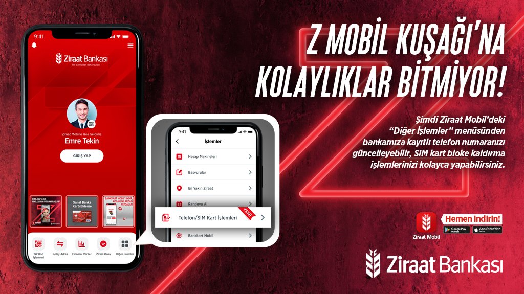 Ziraat Bankası on X: "Z Mobil Kuşağı'na kolaylıklar bitmiyor! Şimdi Ziraat  Mobil'deki “Diğer İşlemler” menüsünden bankamıza kayıtlı telefon numaranızı  güncelleyebilir, SIM kart bloke kaldırma işlemlerinizi kolayca  yapabilirsiniz. Ziraat Mobil'i ...