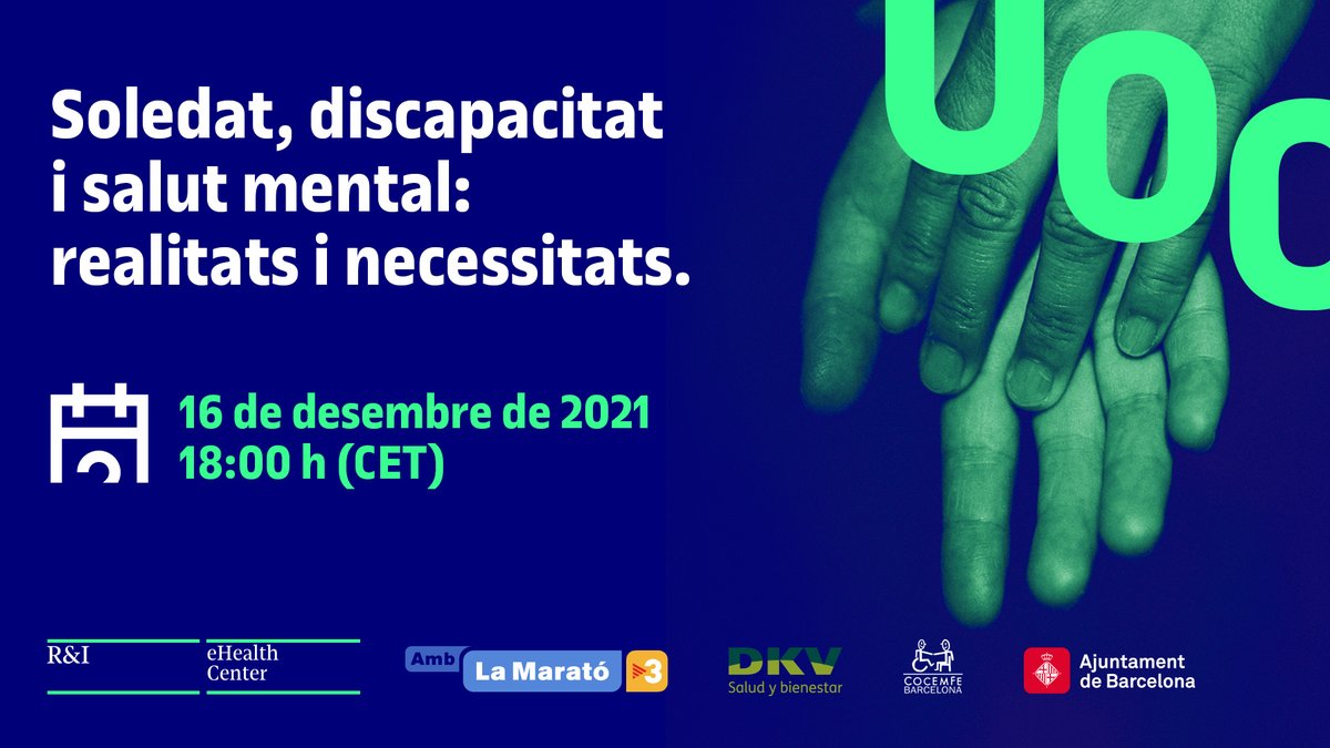 BCN_Accessible's tweet photo. 🟩| Vine a l'acte 'Soledat, discapacitat i salut mental'
◾ 16 de desembre, 18.00 hores.
◾ Palau Macaya.
◾ També per streaming.
Per part d'#eHealthUOC amb @la_marato i la Càtedra #AutonomiaPersonalUOC.
👇 Inscripcions prèvies a https://t.co/7U7nSpZw6g https://t.co/GDWiJemJ44