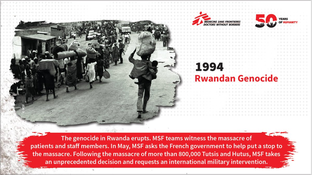 MSF_SouthAsia's tweet photo. 1994: The genocide in #Rwanda erupted. More than 1 million Rwandan refugees fleeing the violence took refuge in makeshift camps in the Democratic Republic of Congo. Within days, @MSF had set up one of our largest cholera programs.

https://t.co/grtrD1UXYS
#50yearsofmsf #msf50 https://t.co/MVyqAEpsGn