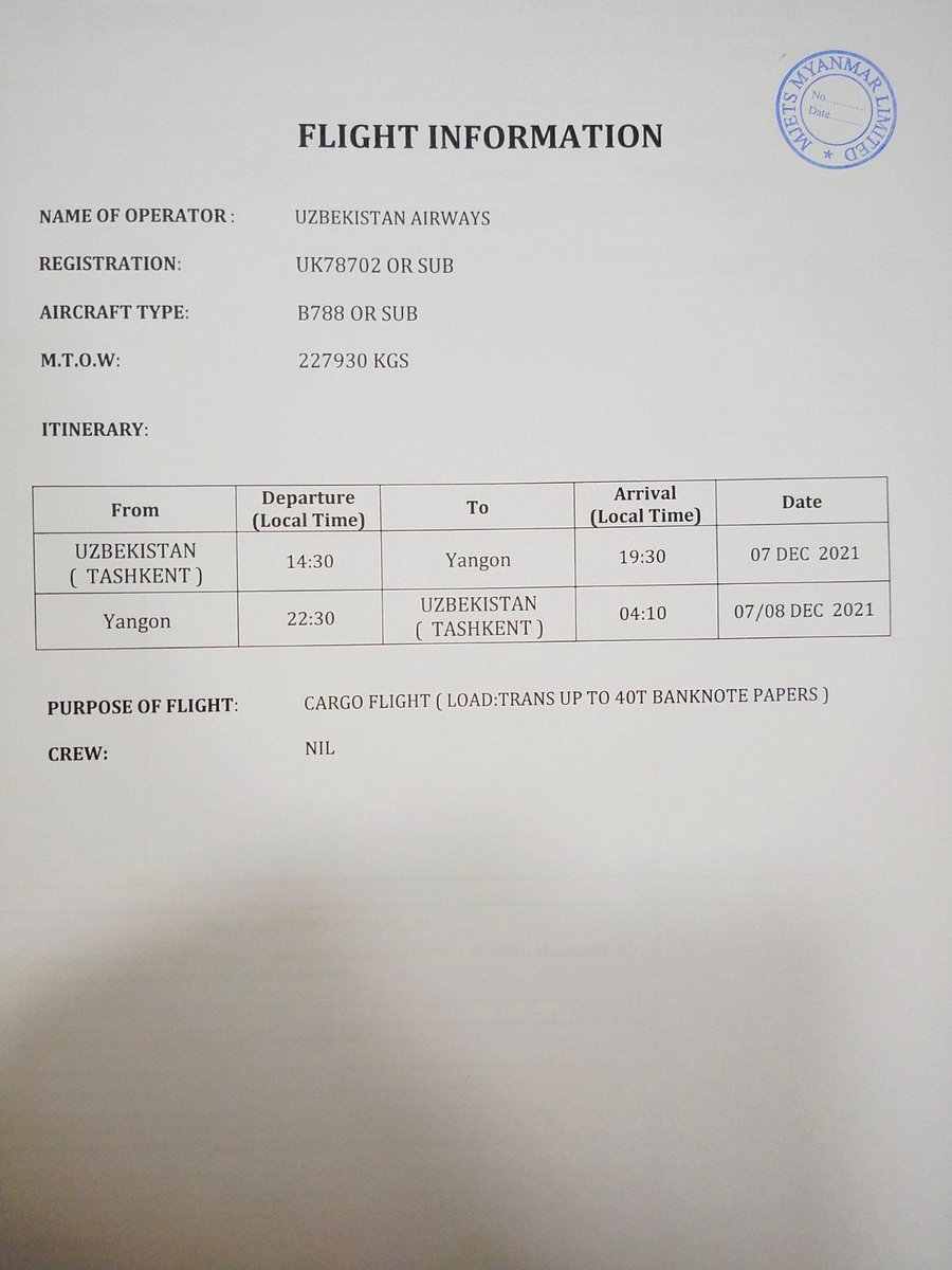 The Irrawaddy has received information revealing that a Uzbekistan Airways plane carrying paper for printing bank notes landed in #Yangon on Tuesday night. The cargo of 92 boxes of paper arrives at a time when the regime is running a serious deficit.

#WhatsHappeningInMyanmar