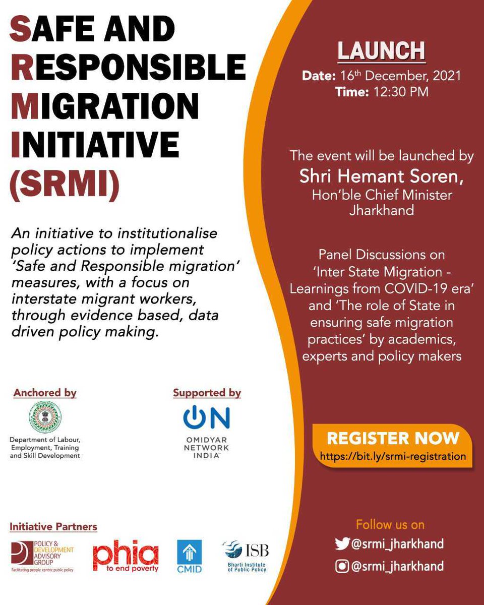 srmi_jharkhand's tweet photo. We're excited to announce the launch of Safe &amp; Responsible Migration Initiative #SRMI which demonstrates robust policy action focused on #migrantworkers. Anchored by Dept of Labour #Jharkhand supported by @on_india &amp; led by consortium of @pdag_india @phiaindia @CMIDTrust @ISBedu https://t.co/C8Ak3PaKGD