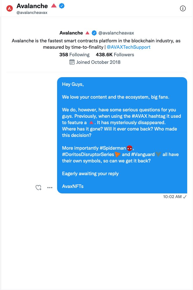 AvaxNFTs's tweet image. #Avalanche thank you for listening @el33th4xor, please tell us our message yesterday morning prompted you to return our beloved #hashflag? 🤞