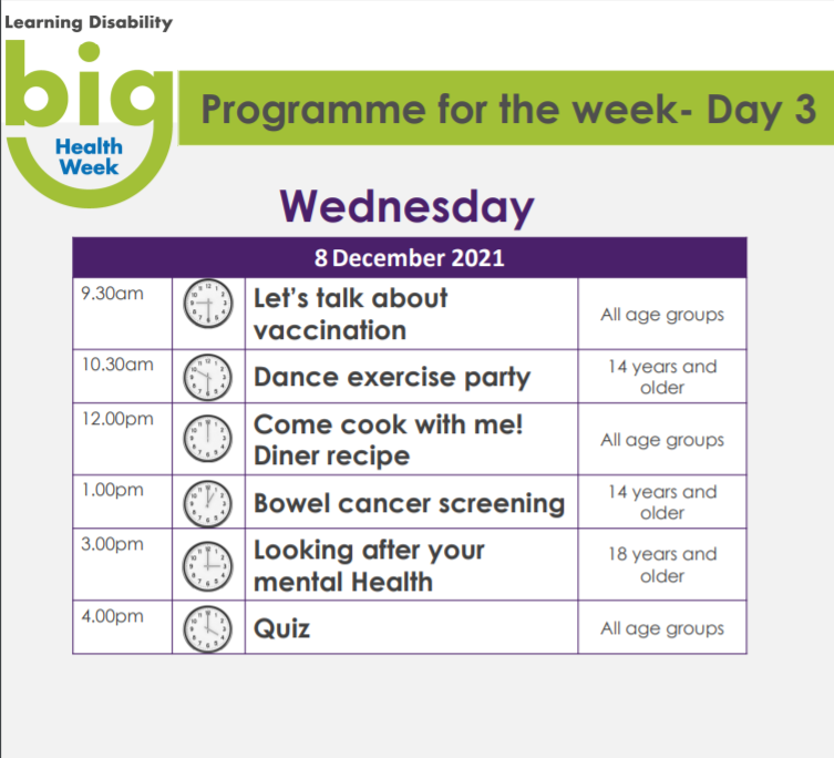 NHSSELondon's tweet photo. Don't miss out on Day 3 of #LearningDisability #BigHealthWeek - looking forward to...

🥗 Cooking at 12pm
🤗💚 Looking after #MentalHealth at 3pm
🤔📋 Quiz at 4pm 

Register at https://t.co/5FyXcqZe3k

#SouthEastLondon https://t.co/U7RZ4CPZVZ