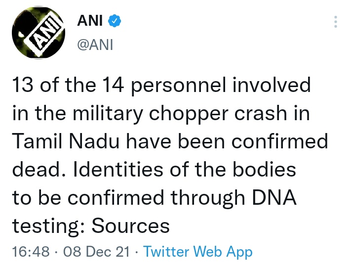 shuklagonline's tweet image. #Omshanti हेलीकॉप्टर में सवार 14 में से 13 लोगों की मौत 
#HelicopterCrash #ArmyChopper #Nilgiris #BipinRawat