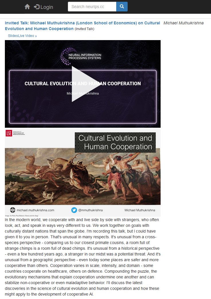 What implications do cultural evolution &amp; cooperation have for cooperative AI? #NeurIPS2021 talk: nips.cc/Conferences/20…

Insights include diffs in constraints b/w genetic &amp; cultural evolution vs machine learning; interaction b/w scales of cooperation.

Live Q&amp;A Tues 14th 7 PST