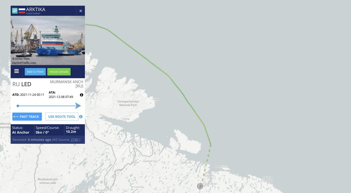 NilsenThomas's tweet photo. The "Arktika" nuclear-powered icebreaker suddenly changed destination from #Sabetta to #Murmansk where it made port call this morning. Why? Wasn't five month of repair at the yard in St. Petersburg enough? Just asking... https://t.co/wlJISqiArO