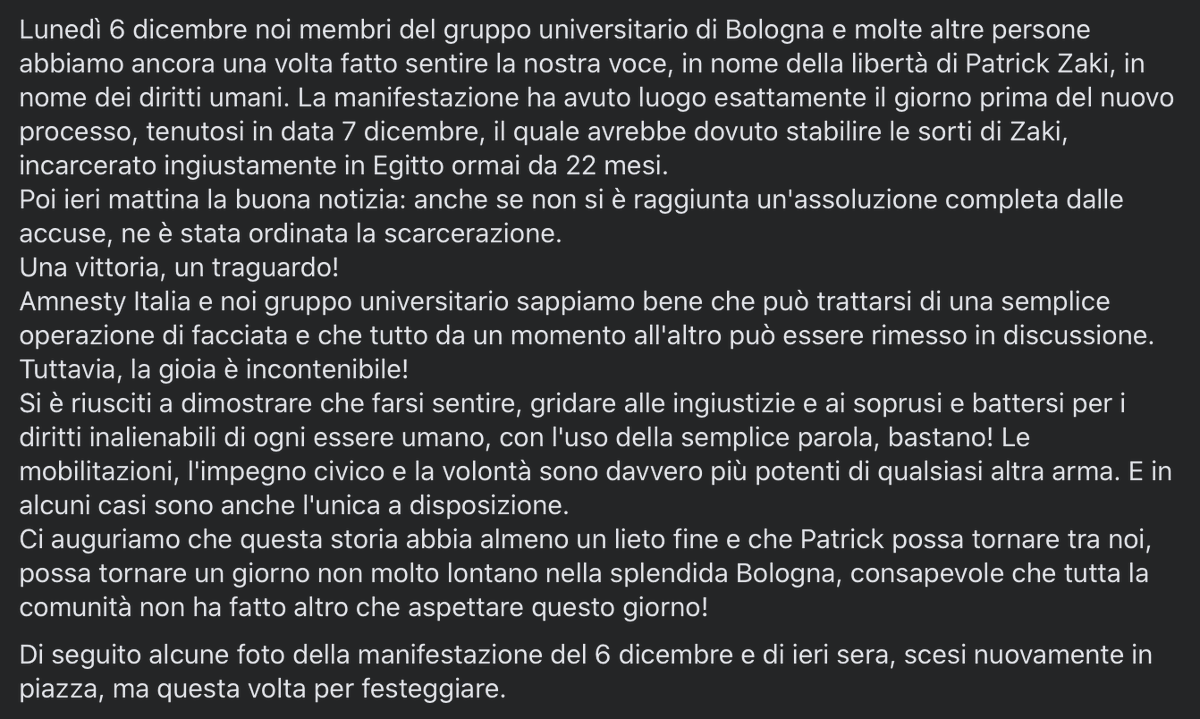 amnesty_unibo's tweet photo. 🔴PATRICK ZAKI: ORDINATA LA SCARCERAZIONE DOPO 22 MESI DI INGIUSTA DETENZIONE
#PatrickZaki #AmnestyItalia #ammnestyinternational #freedomforpatrick #Egitto #HumanRights https://t.co/3hXCMzG45x