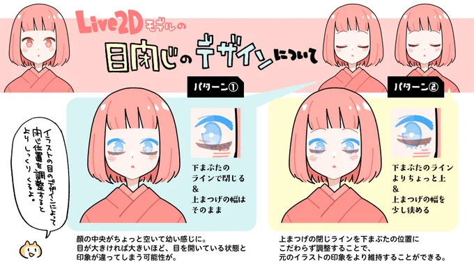 Live2Dモデルの目閉じについてのtipsです。
どっちが正しいというものではなくて、パターン2みたいなやり方もあるよ!っていう紹介です👀(サンプルかなり微妙な差なので違いがわかりにくかったらすみません…)
絵柄や目指す表現に合わせて調整するといい感じかな〜と思います。
#Live2D 