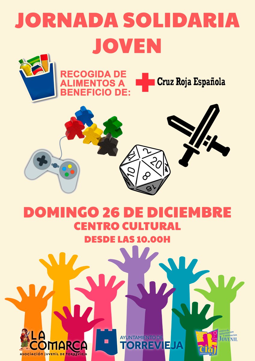 ¡Un año más volvemos a la carga! JORNADA SOLIDARIA JOVEN.
Domingo 26 de diciembre en el centro Cultural Virgen del Carmen (Torrevieja - Alicante)
Desde las 10:00h hasta cierre del centro.

#Torrevieja #jornadasolidaria #juventud #solidariedad #costablanca #alicante #murcia #ocio