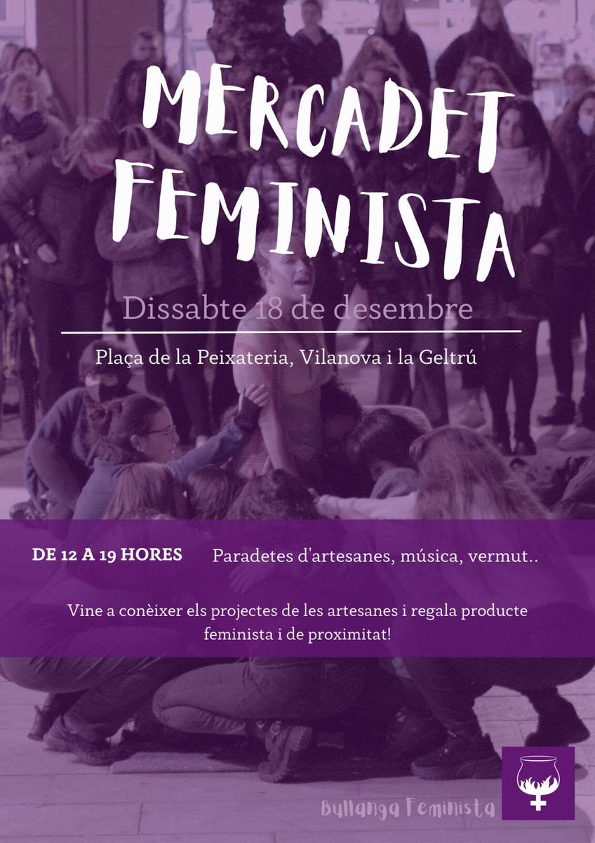 Ja tenim aquí el mercadet feminista més esperat del Nadal!
Paradetes d'artesanes, bona música, vermut... Vine a conèixer el projecte de les artesanes i regala producte feminista i de proximitat!  

📅 18 de desembre
📍 Plaça Peixateria, VNG
⏰ De 12 a 19 hores