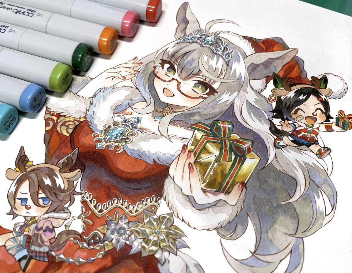 narita taishin (umamusume) semi-rimless eyewear horse ears traditional media animal ears multiple girls fur trim santa hat  illustration images