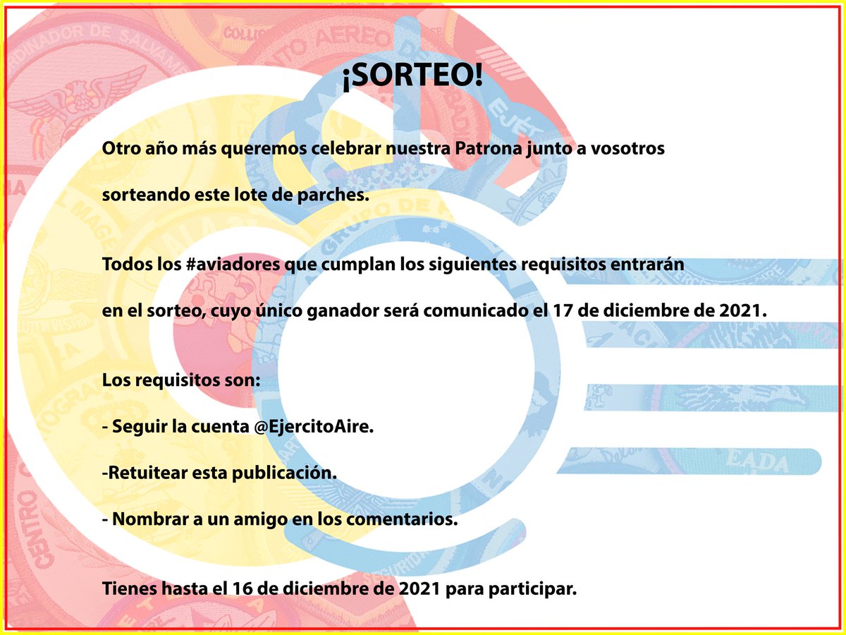📢¡SORTEO!😱
￼
Otro año más queremos celebrar nuestra #Patrona con vosotros sorteando este lote de parches. 

Tenéis hasta el día 16 de diciembre para participar.

¡Mucha suerte #aviadores!🤞🏻🍀

BASES EN LA IMAGEN👇🏻